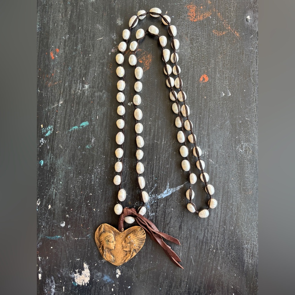 freshwater pearl and brass pendant native american couple necklace